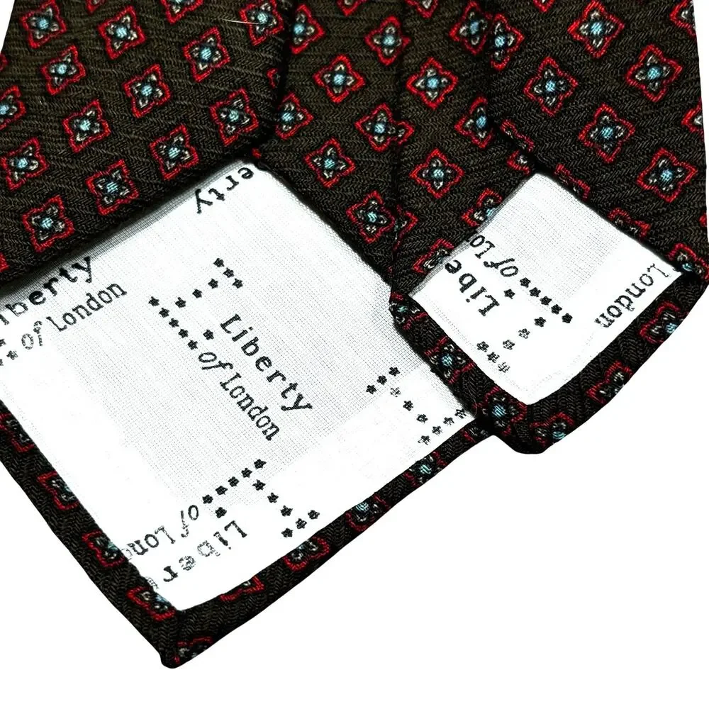 Liberty of London wool blend neck tie dark brown red & blue geometric classic